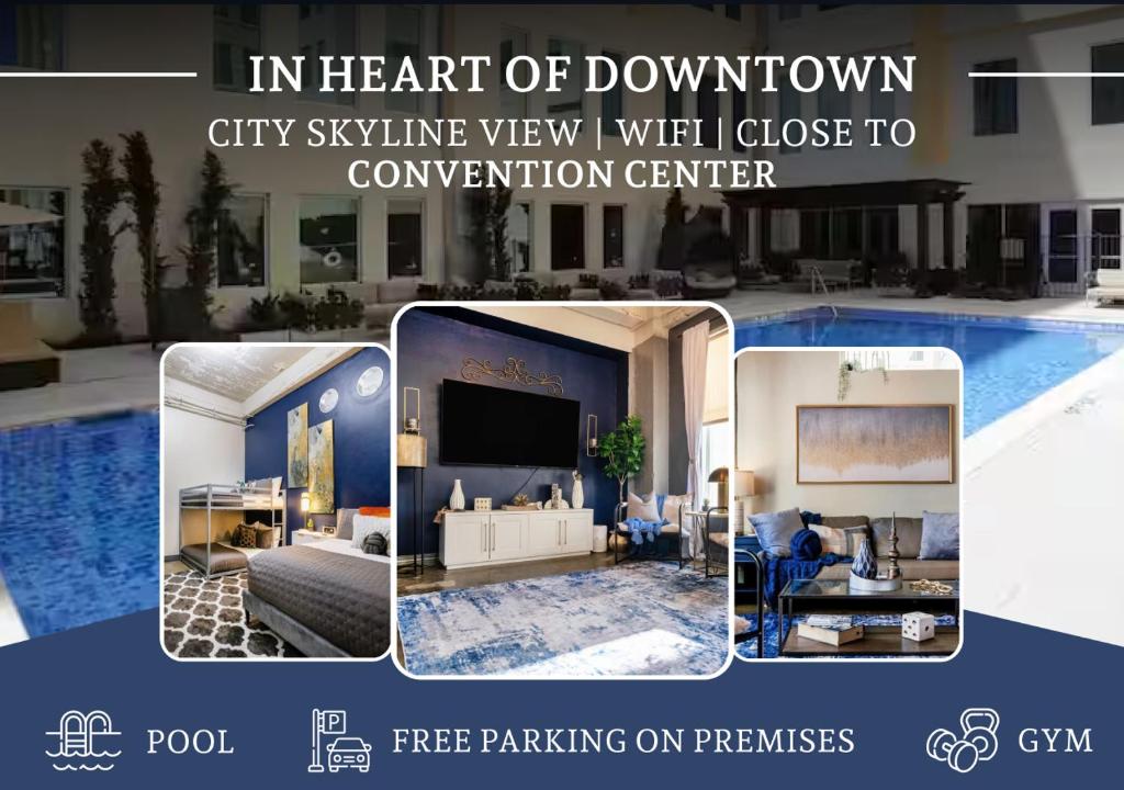 a collage of photos of a city style living room at Chic Downtown Industrial loft in Dallas