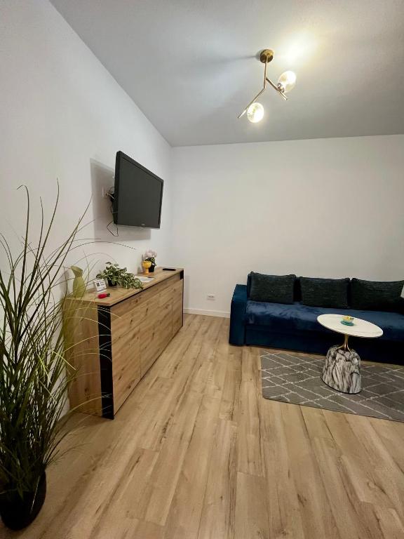 a living room with a blue couch and a tv at Sfara Residence Apartament 6 in Baia Mare