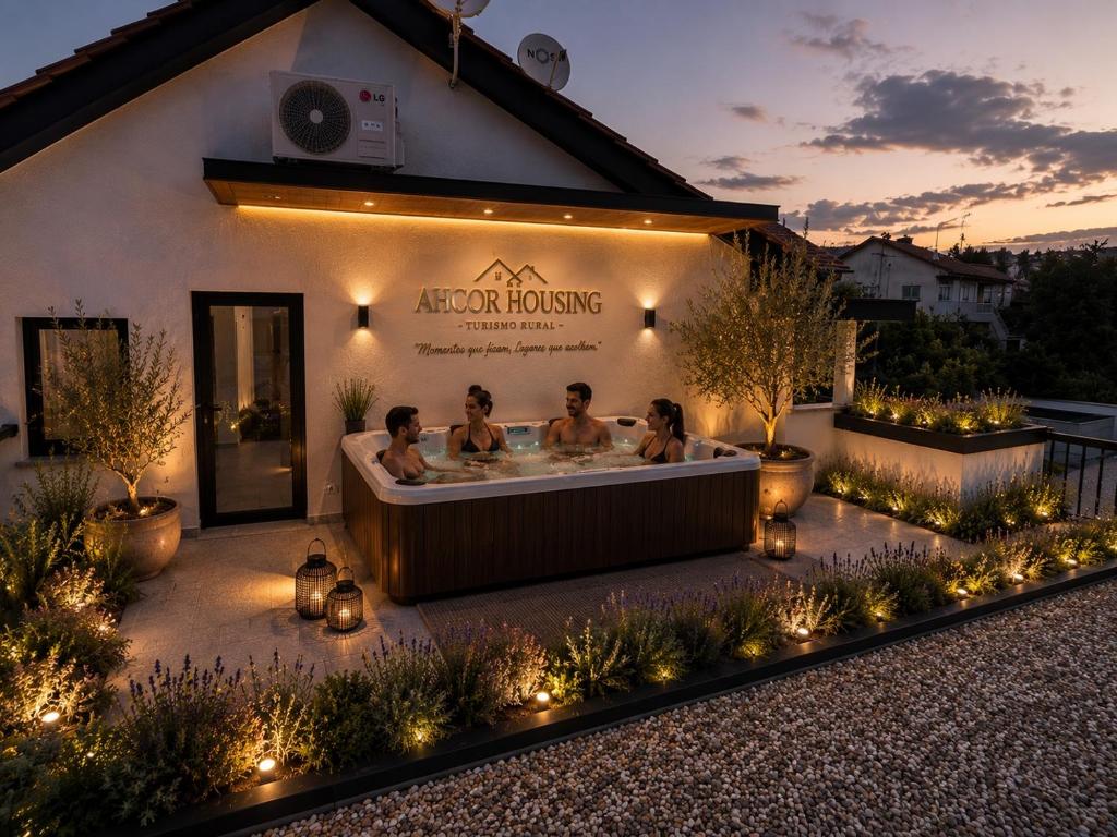 a group of people in a hot tub in front of a building at Ahcor Housing - Quinta do Paço in Figueiredo de Alva