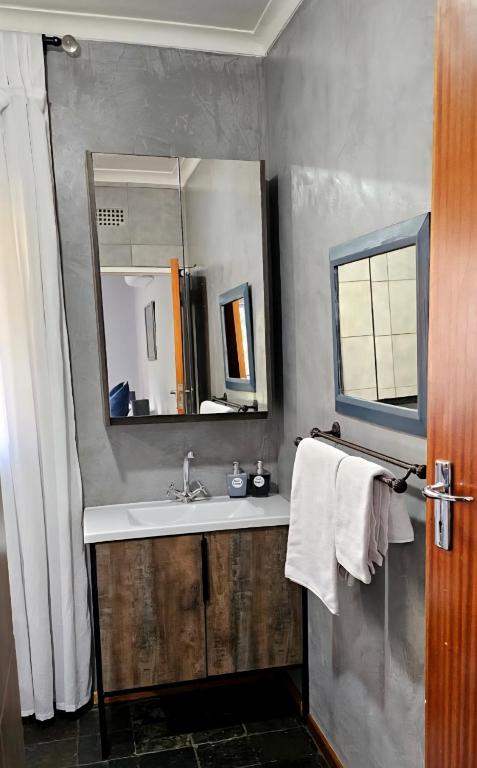 a bathroom with a sink and a mirror at Tarrentoela garden flatlet in Kathu