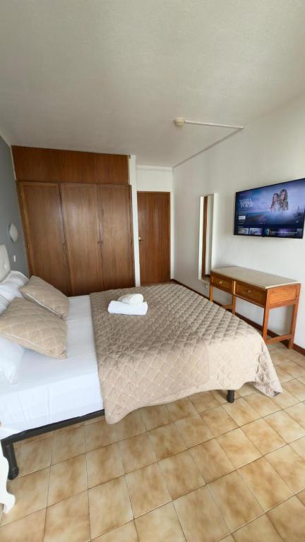 a hotel room with a bed and a tv at Rocha Paradise Apartment in Portimão