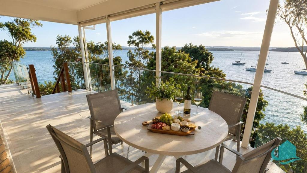 a table with a bowl of fruit on a balcony at Azure Vista in Belmont