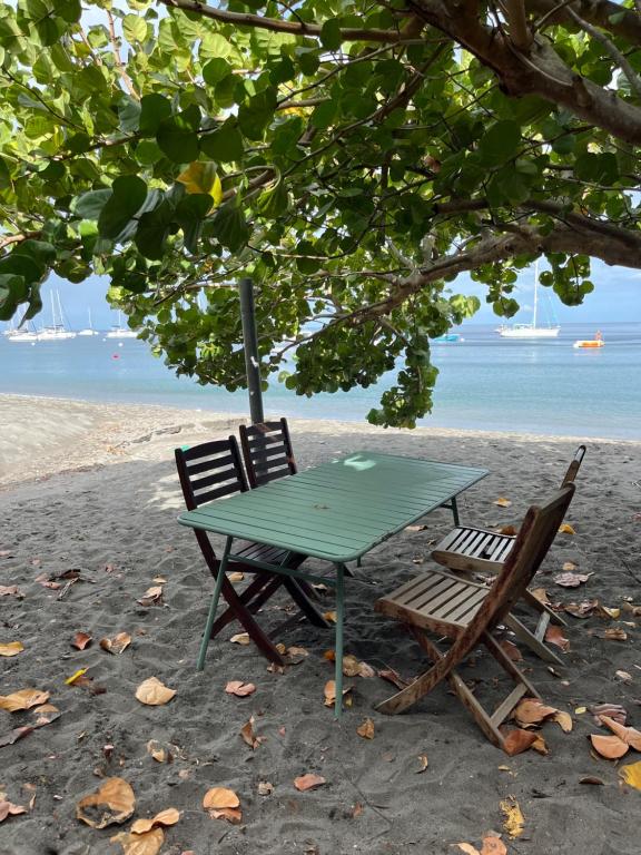 a picnic table and two chairs sitting on the beach at La maison sur la plage in Saint-Pierre