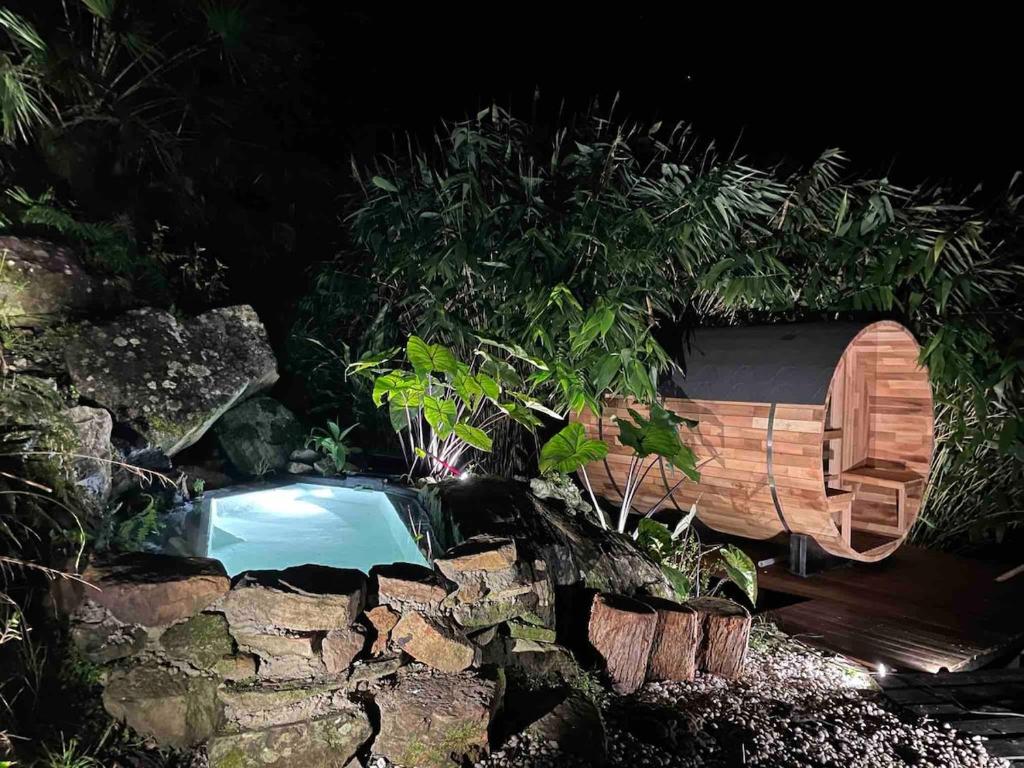 a plunge pool in a garden with a rock wall at Mackerel Beach Wellness Lodge in Great Mackerel Beach