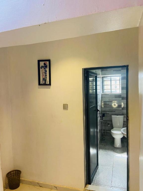 a bathroom with a toilet and a picture on the wall at Double Homes in Agbelekale