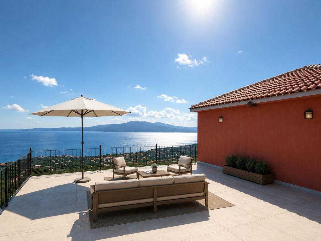 eine Terrasse mit zwei Stühlen und einem Sonnenschirm an einem Gebäude in der Unterkunft Lithos Assos in Ayvacık