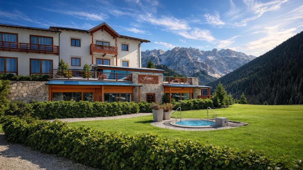 a large building with a yard with a pool at Hotel Fanes in Selva di Val Gardena