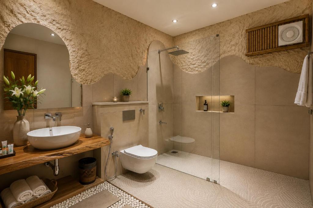 a bathroom with a sink and a toilet and a shower at The Ark Resort in Bhopal