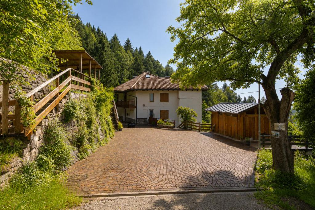 a driveway leading to a house with a fence at Maso Simoni - Bazzanella in Piscine di Sover