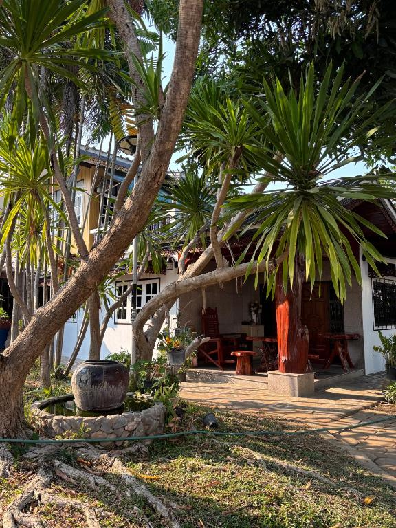 ein Innenhof mit Palmen vor einem Gebäude in der Unterkunft SP Home at Maesot in Mae Sot
