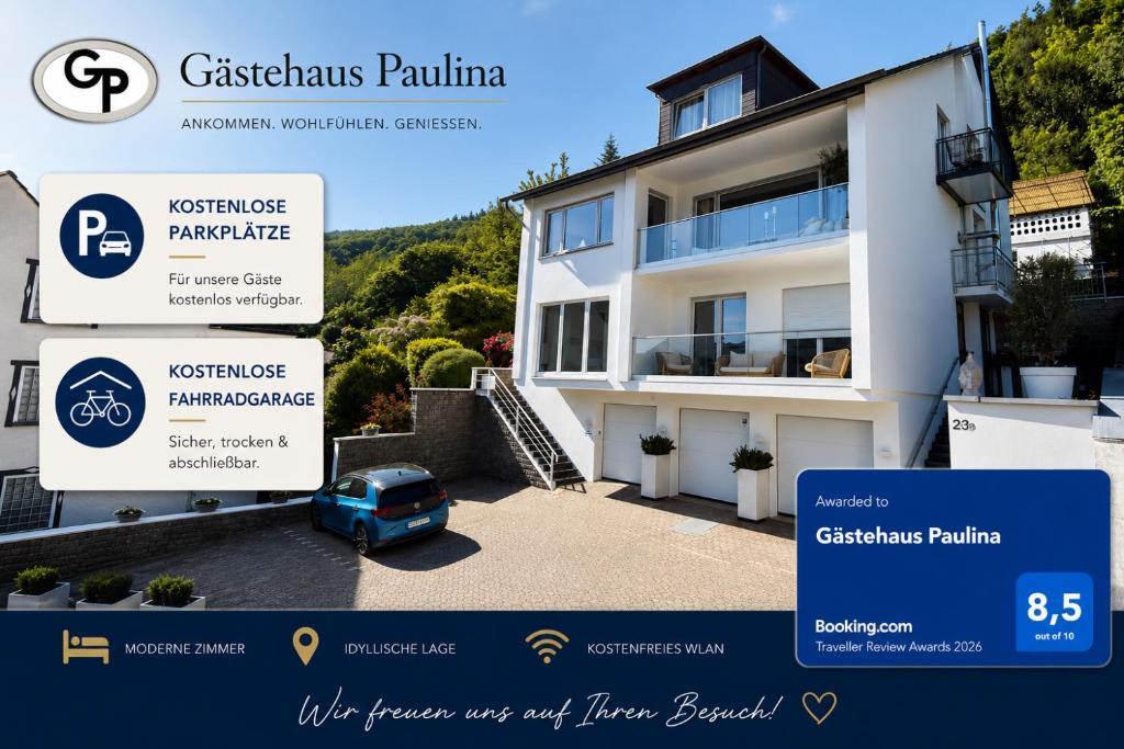 a blue car parked in front of a building at Gästehaus Paulina in Cochem