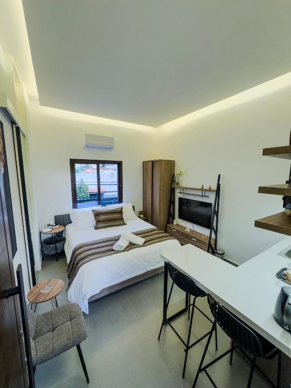 a bedroom with a bed and a desk and a television at Railway Studio 2 - Modern Studio in Byblos - Easy city Access in Jbeil