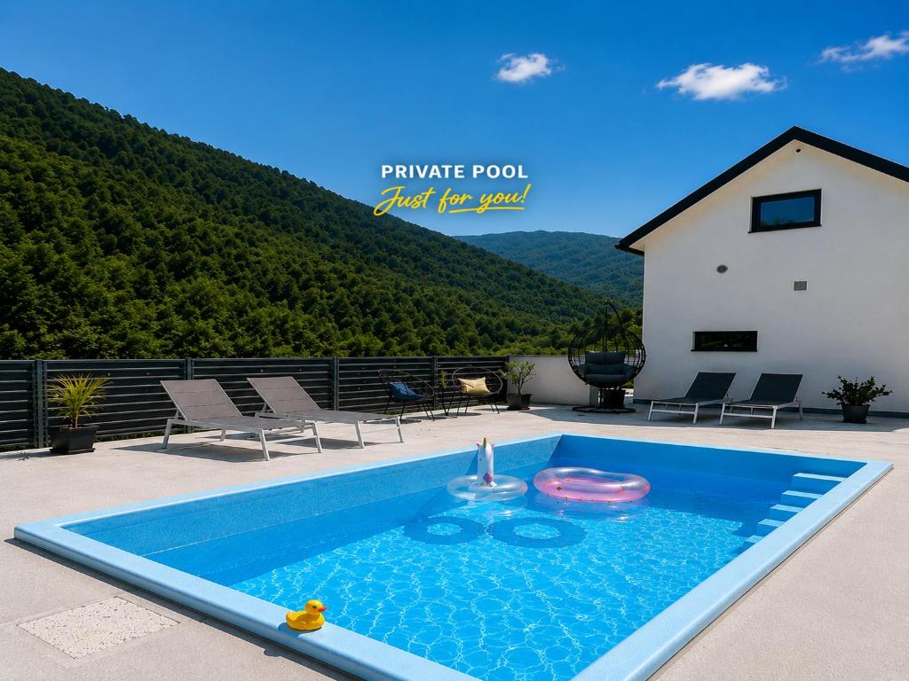 a swimming pool with a toy in the water at HOLIDAY HOUSE - River Bača in Most na Soči