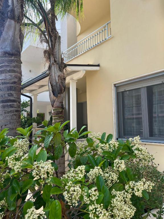a palm tree and flowers in front of a house at Dimora Patio in Policoro