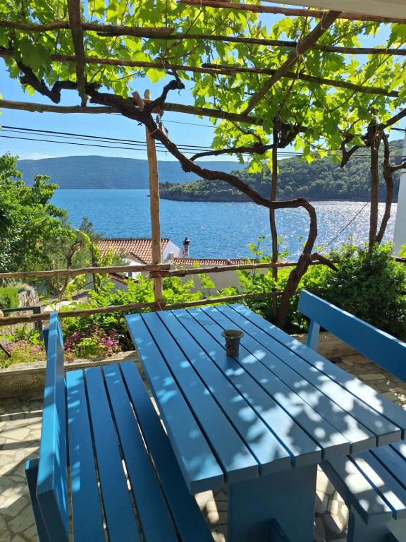 a blue picnic table with a view of the water at Apartman Krivičić in Cres