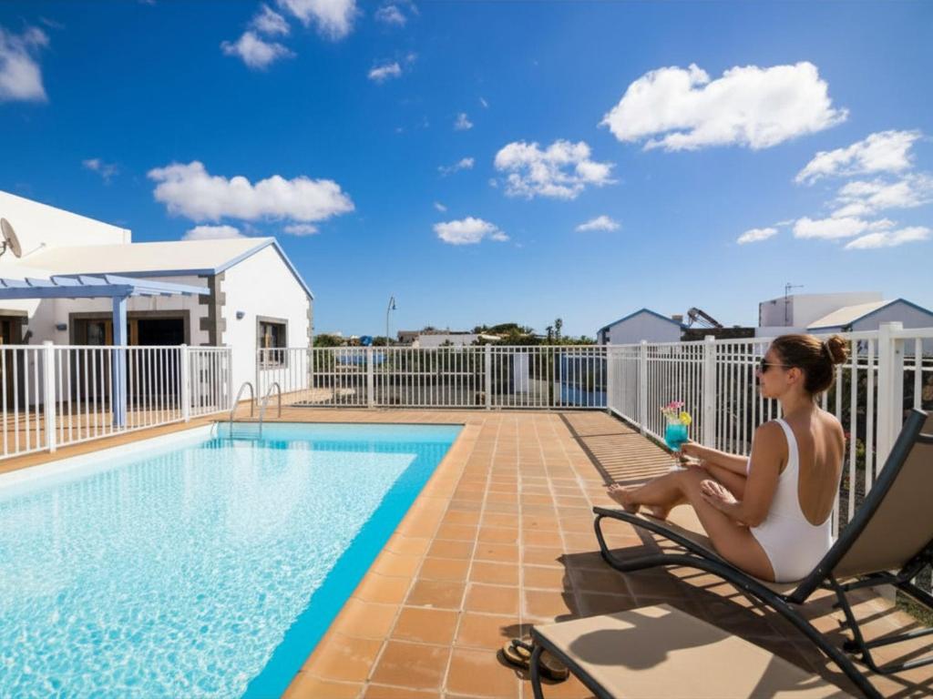 a woman sitting in a chair next to a swimming pool at Villas & Apartamentos Tao Mazo in Lajares