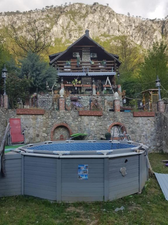 a hot tub in the grass in front of a house at Barbu Ionel in Băile Herculane