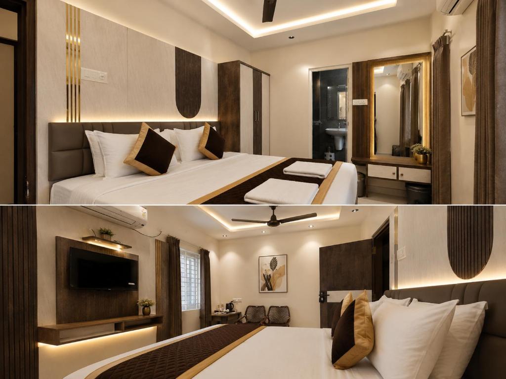 two pictures of a hotel room with a bed at Sri Padmavati Pleasants in Palni