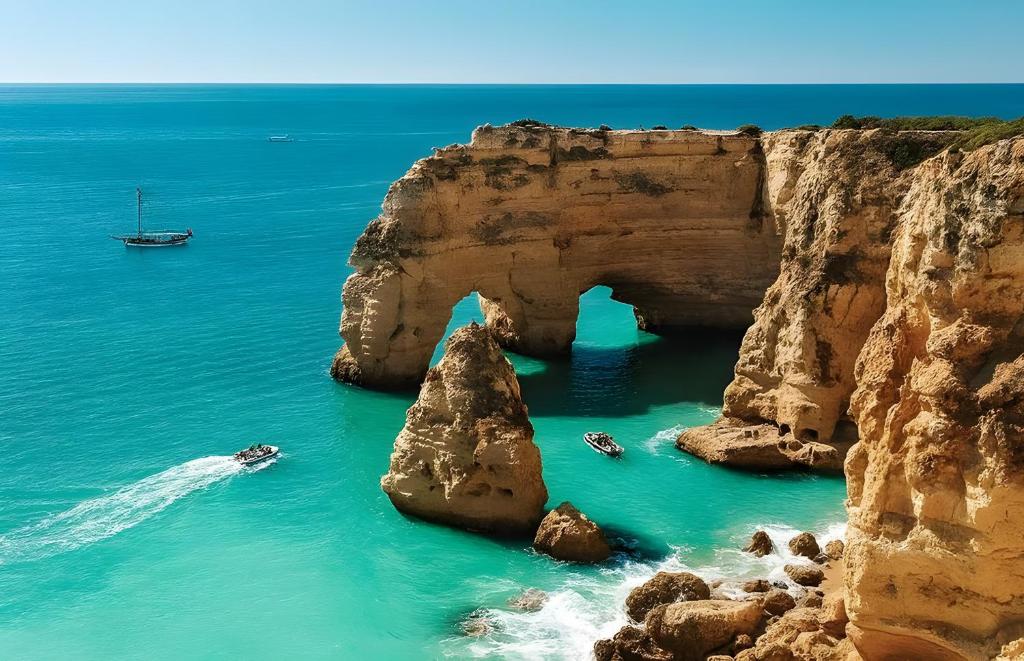 an arch in the rocks in the ocean with a boat at Mar & Sol Penthouse in Portimão