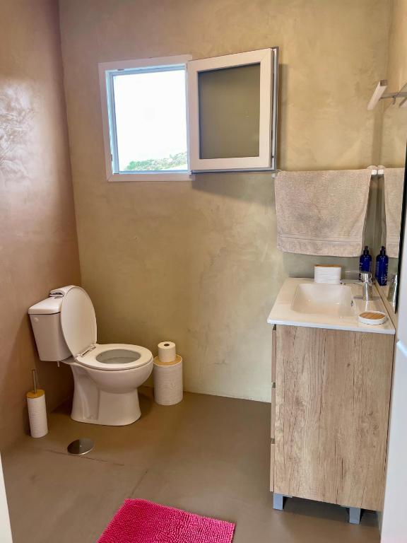 a bathroom with a toilet and a sink and a window at Cortijo Maya 2 chambres piscine in Alhama de Almería