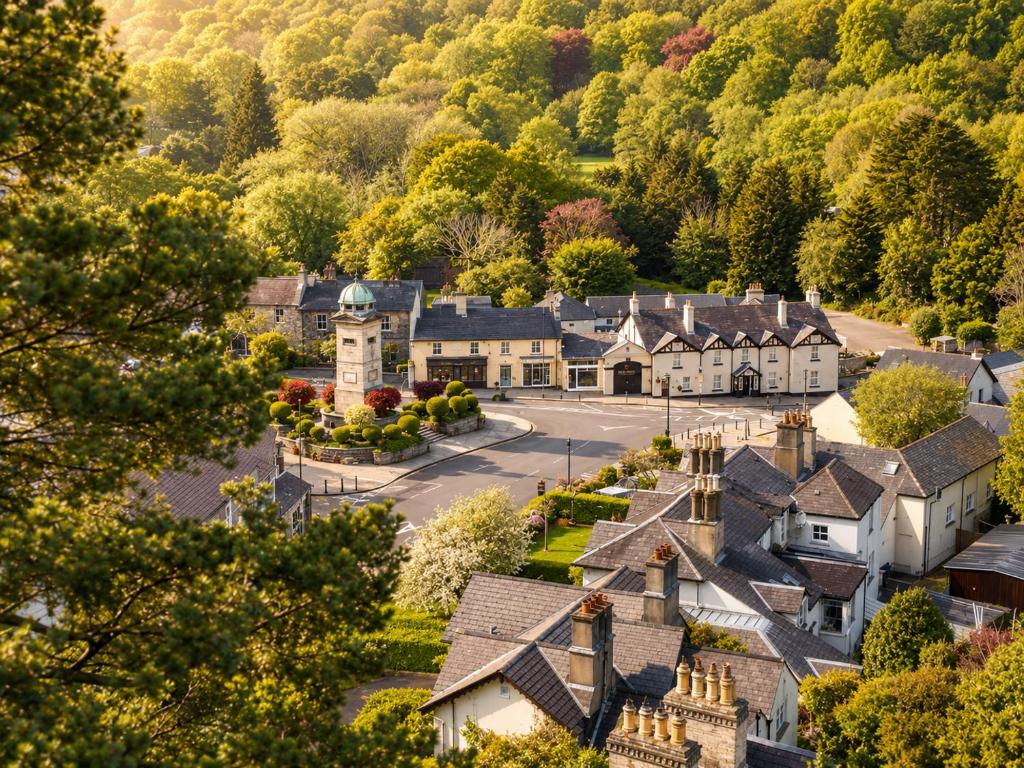 an aerial view of a small town with houses at Powerscourt Arms Hotel in Enniskerry
