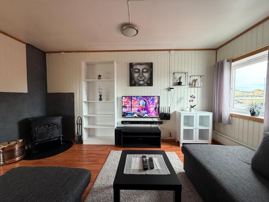 a living room with a couch and a flat screen tv at Rooftop view apartment 2 in Vardø