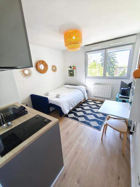 a small room with a bed and a desk at Studio calme Cite Internationale Wifi in Caluire-et-Cuire