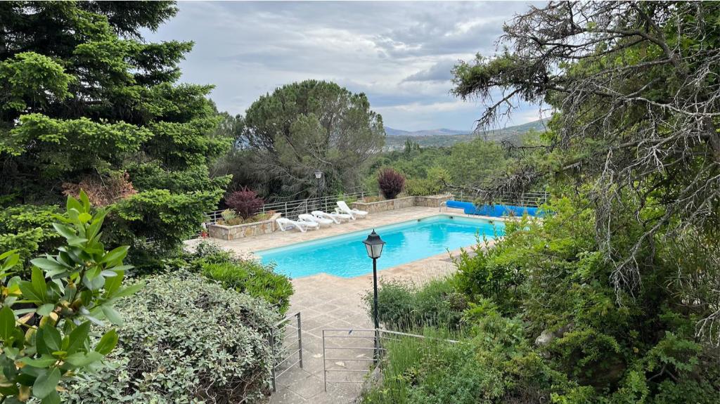 a swimming pool in the middle of a garden at Villa Karina in Valdemanco