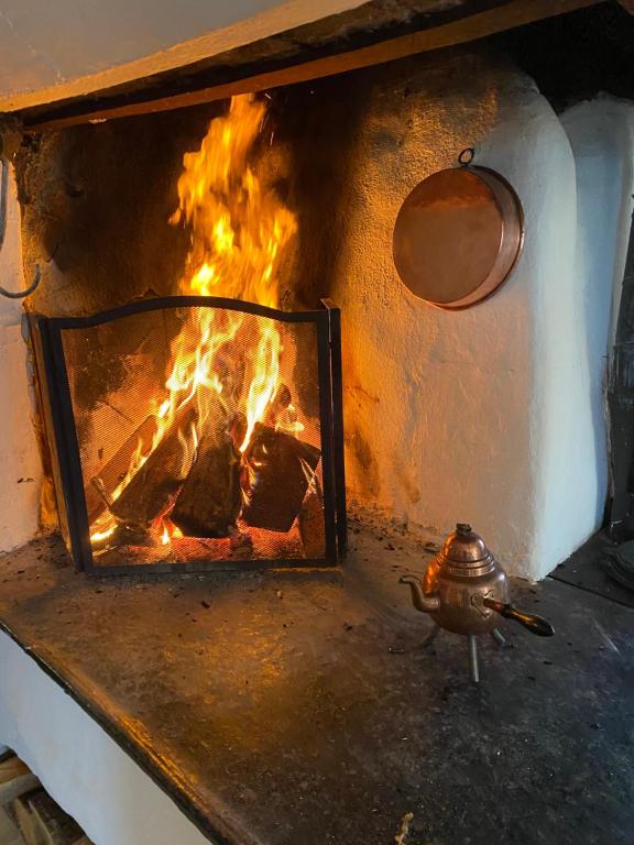 a fire in a brick oven with a pot at Tolvmansgården in Enköping