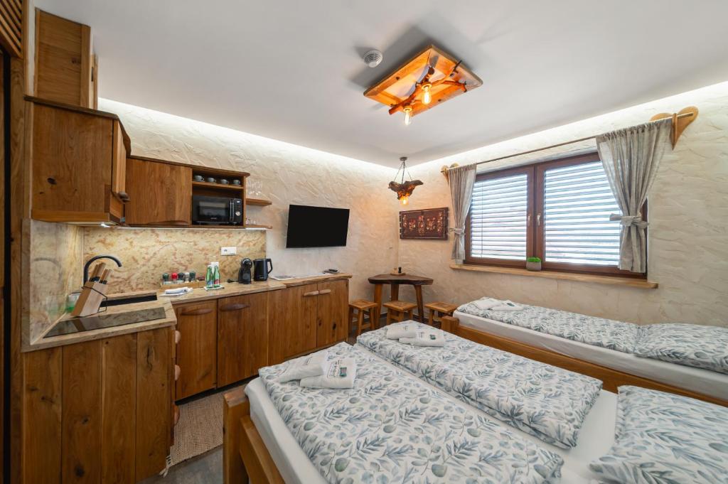 a room with two beds and a kitchen with a sink at ANTONIO Apartments in Spišské Tomášovce