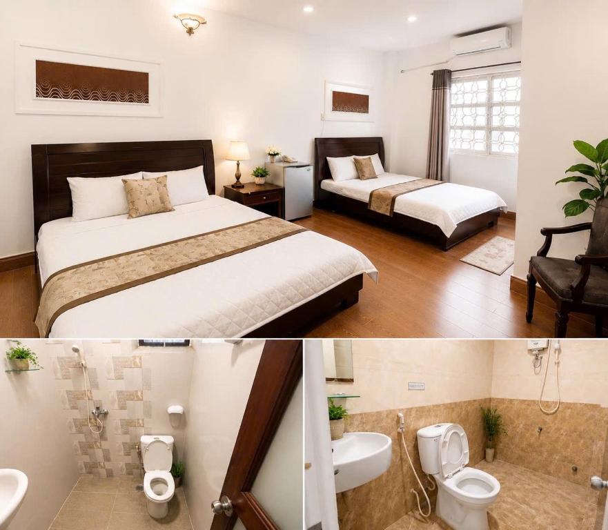 a hotel room with two beds and a bathroom at Nhật Vân 2 in Ho Chi Minh City