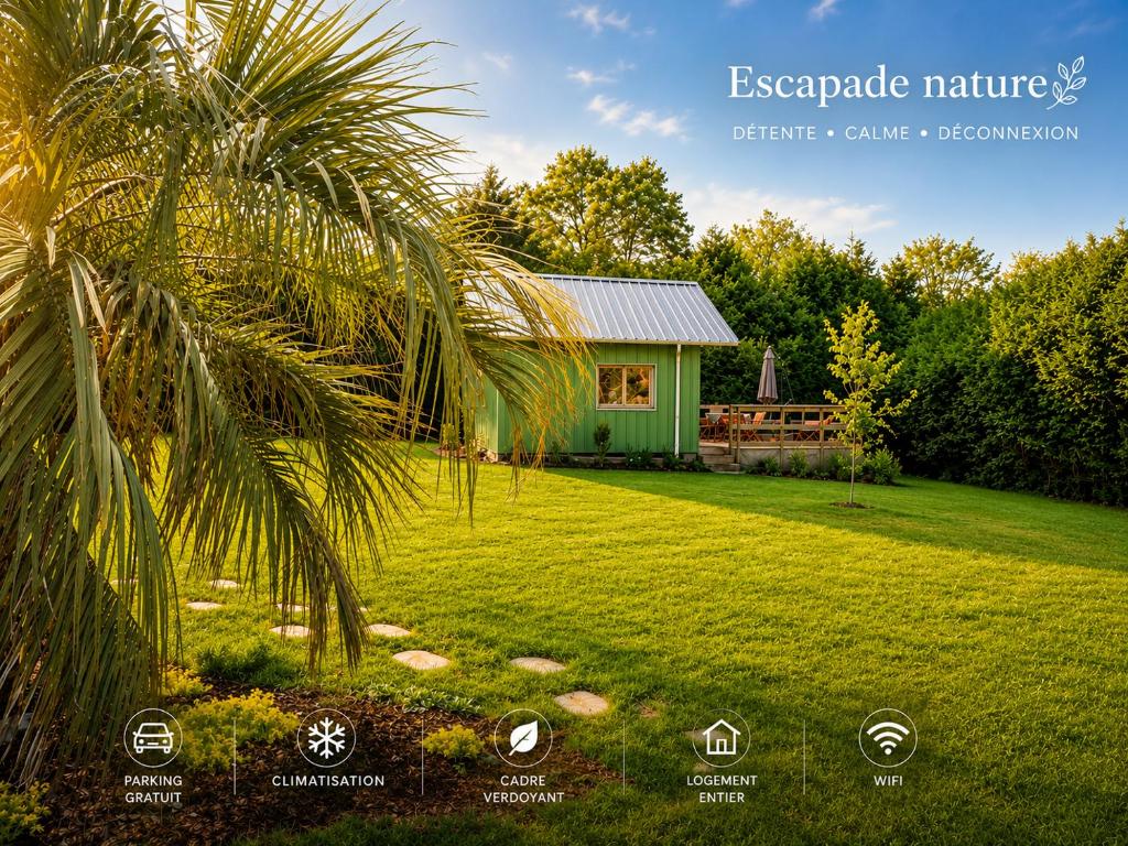 a green house in a yard with a palm tree at Climatisation avec La Rouyonnaise in Tinténiac