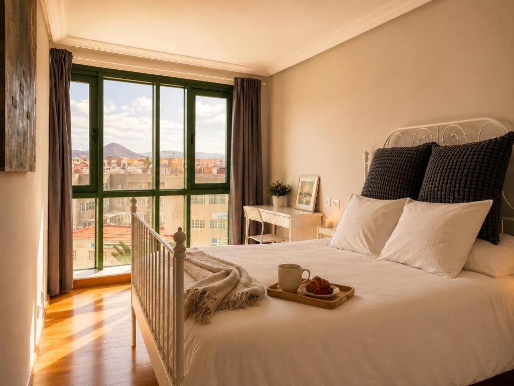 a bedroom with a white bed with a large window at Villa María Arrecife Beach in Arrecife