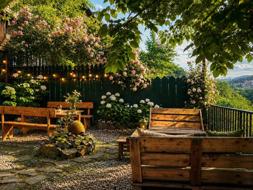 a garden with two benches and a fence with flowers at Aloft House in Kutaisi