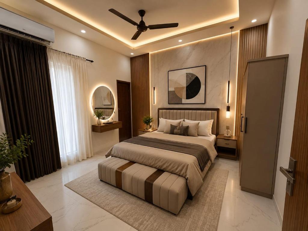 a bedroom with a bed and a ceiling fan at Prime Stay Bosan Hotel Multan in Multan