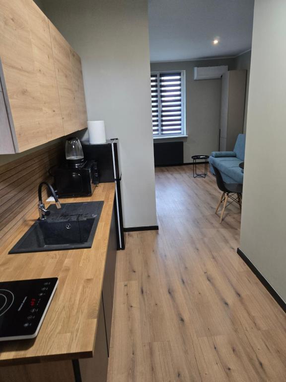 a kitchen with a sink and a counter top at Apartament 1 w Leśnym Zaciszu in Czertyń