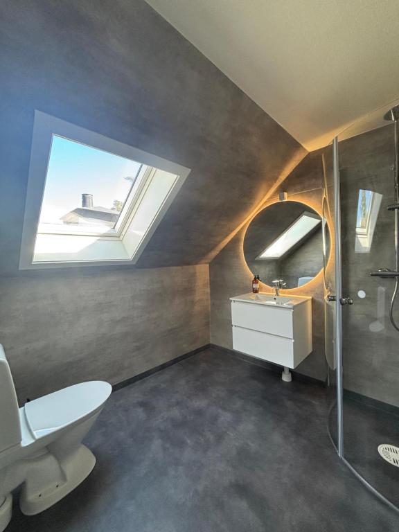 a bathroom with a toilet and a skylight at Studio by the river in Forshaga