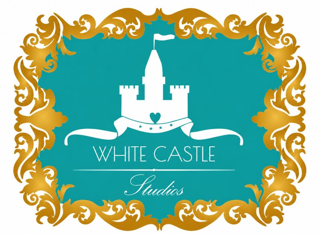 ein weißes Schloss-Logo in einem Rahmen mit Schnörkeln in der Unterkunft WHITE CASTLE Studios in Lefkos Karpathos