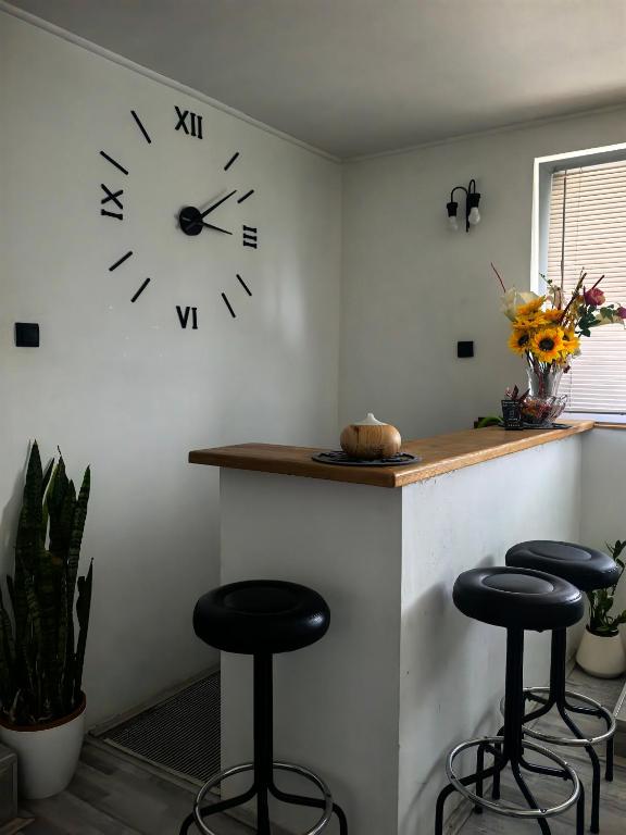 a counter with stools and a clock on the wall at Skadarska in Pančevo