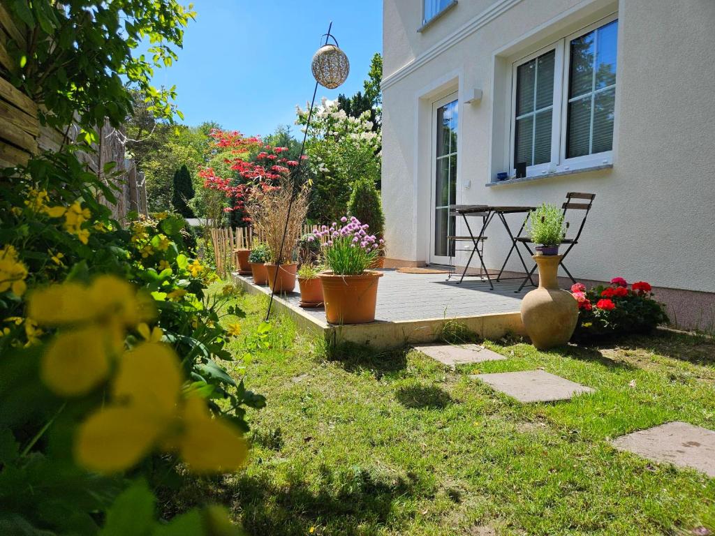 a garden with potted plants on a house at Sonnenschein Apartment in Falkensee