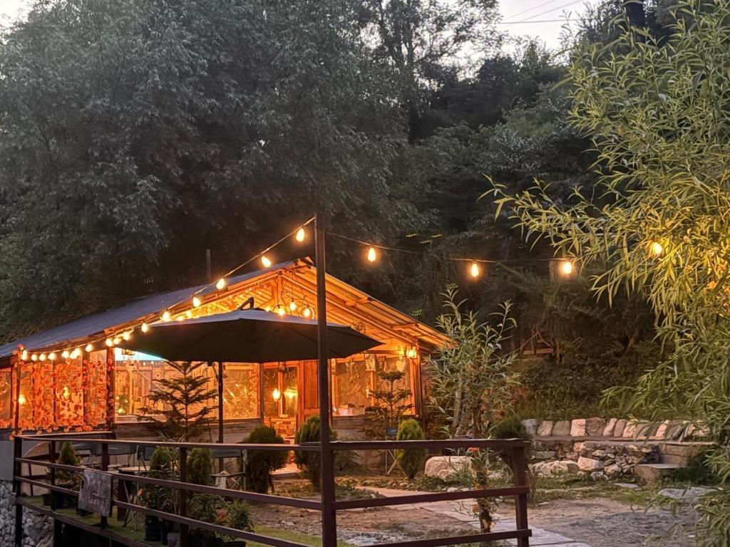 a lit up building with lights and an umbrella at Mystic Vibes - Jibhi in Jibhi