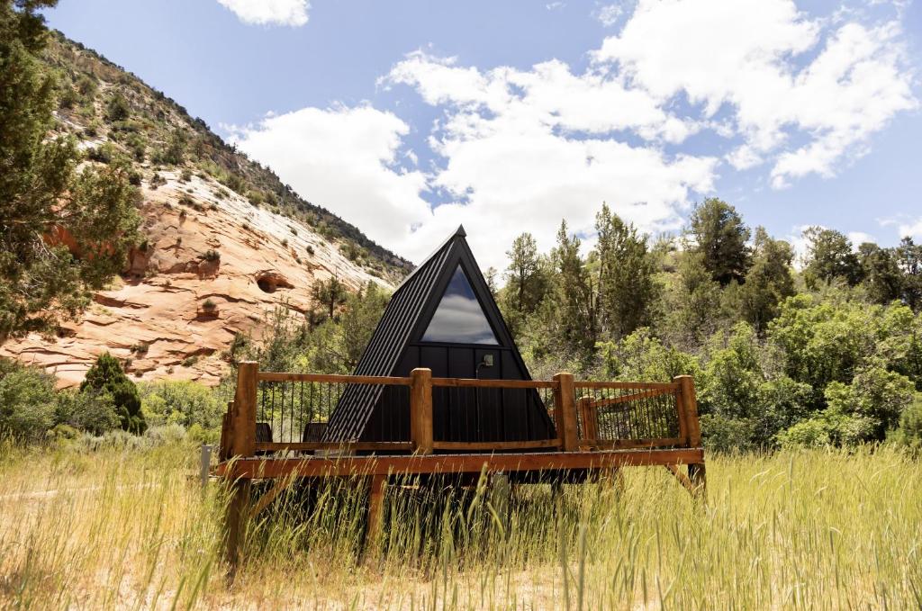 a triangular tent in a field of tall grass at NEW! Unique Modern Glamping Chalet #5 in Orderville