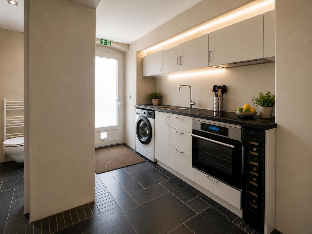 a kitchen with a washer and dryer in it at Studio yvonand in Yvonand