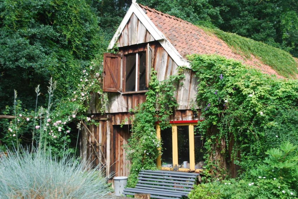 una pequeña casa de madera con techo cubierto de hiedra en De Hagmolenbeek Boekelo, en Boekelo