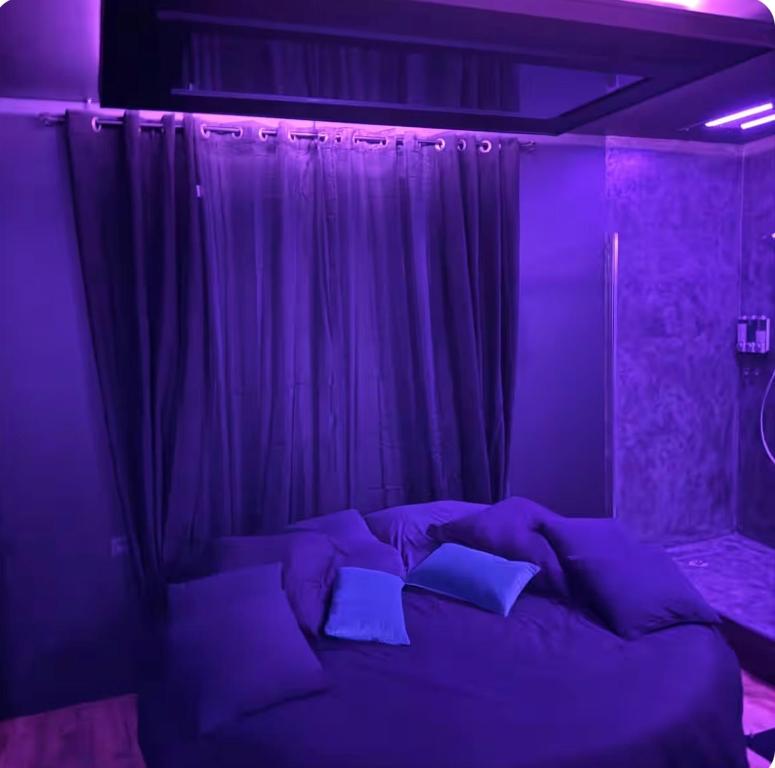 ein lila Zimmer mit einem Bett, Kissen und Vorhängen in der Unterkunft Loveroom agathoise in Agde