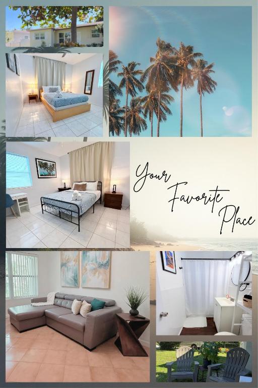 a collage of photos of a hotel room with palm trees at Las Palmas in Biscayne Seaplane Base
