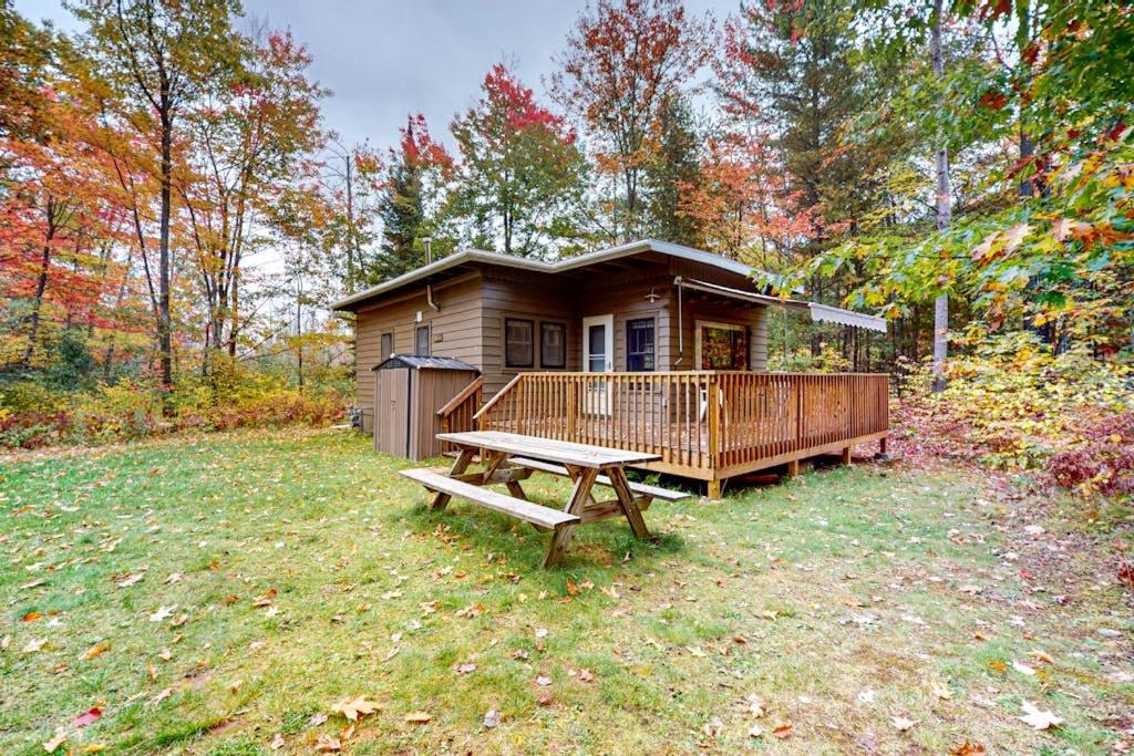 a small cabin with a picnic table in front of it at Dragonfly Gully in Rhinelander