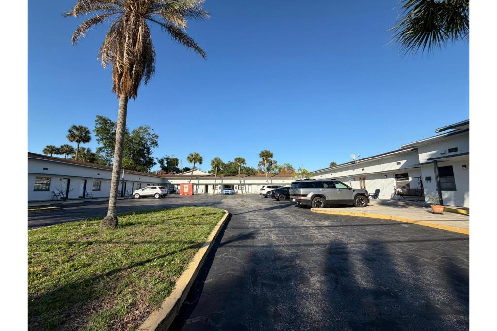 a parking lot with a palm tree in front of a building at Regency Inn Daytona Beach Near Airport in Daytona Beach