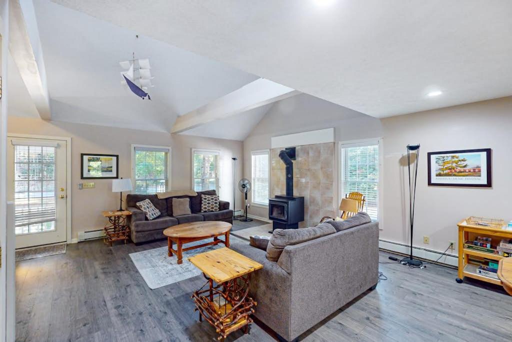a living room with a couch and a fireplace at Lou n' Lil's in Glen Arbor