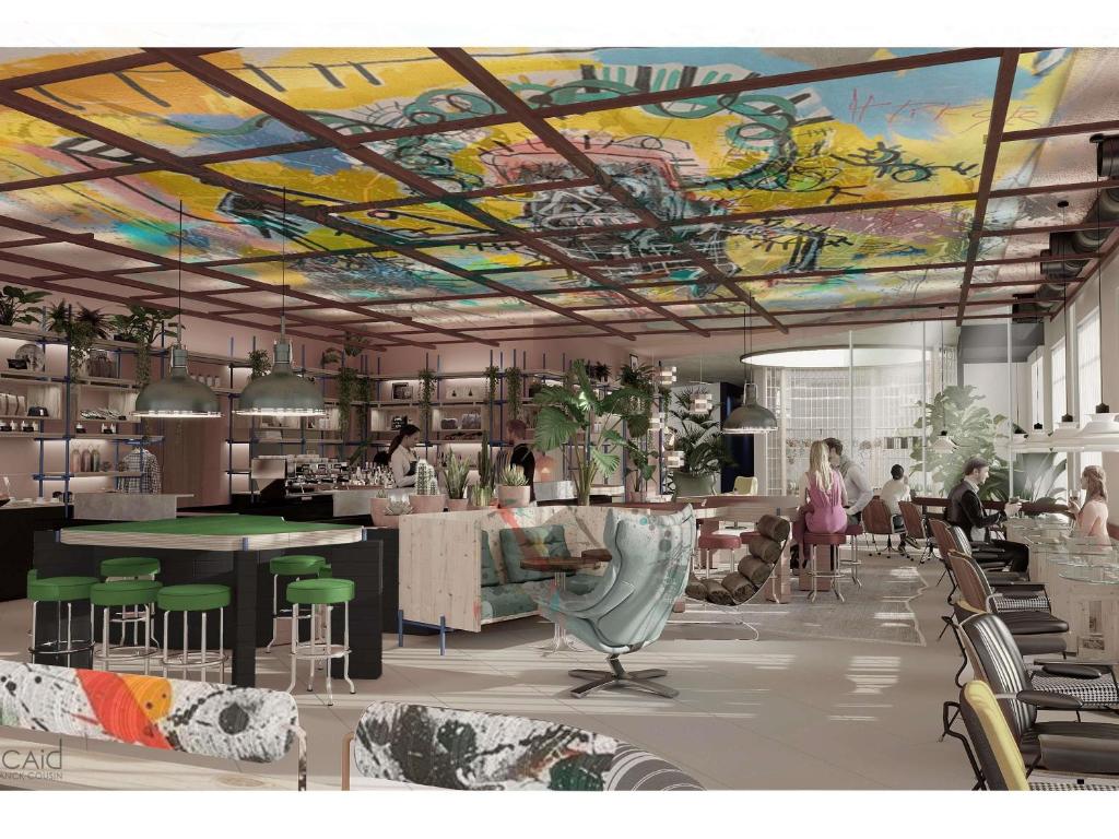 a rendering of a lobby with a colorful ceiling at Ibis Styles Saint Germain en Laye in Saint-Germain-en-Laye